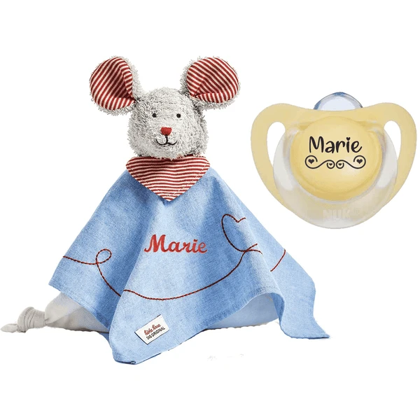Schnullireich Geschenkset Käthe Kruse Schmusetuch Mit Namen Maus + NUK Namensschnuller (0-6 Mon) Blau 4 Schnullireich Geschenkset Käthe Kruse Schmusetuch Mit Namen Maus + NUK Namensschnuller (0-6 Mon) Blau – Bild 2